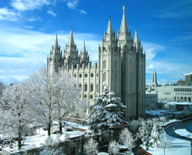 Salt Lake Temple in the snow (photo by Mike Provard, 2007)